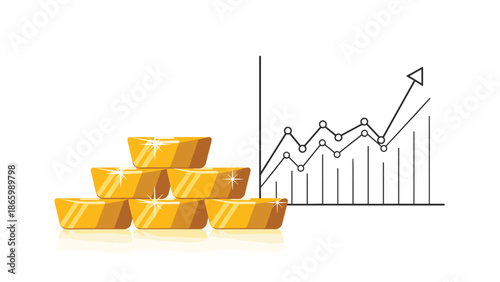 Pile of shiny gold bars alongside an upward-trending financial graph, symbolizing increasing wealth and successful investment in precious metals.