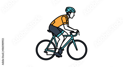 Cyclist in Orange Jersey Riding a Bicycle with Blue Helmet.