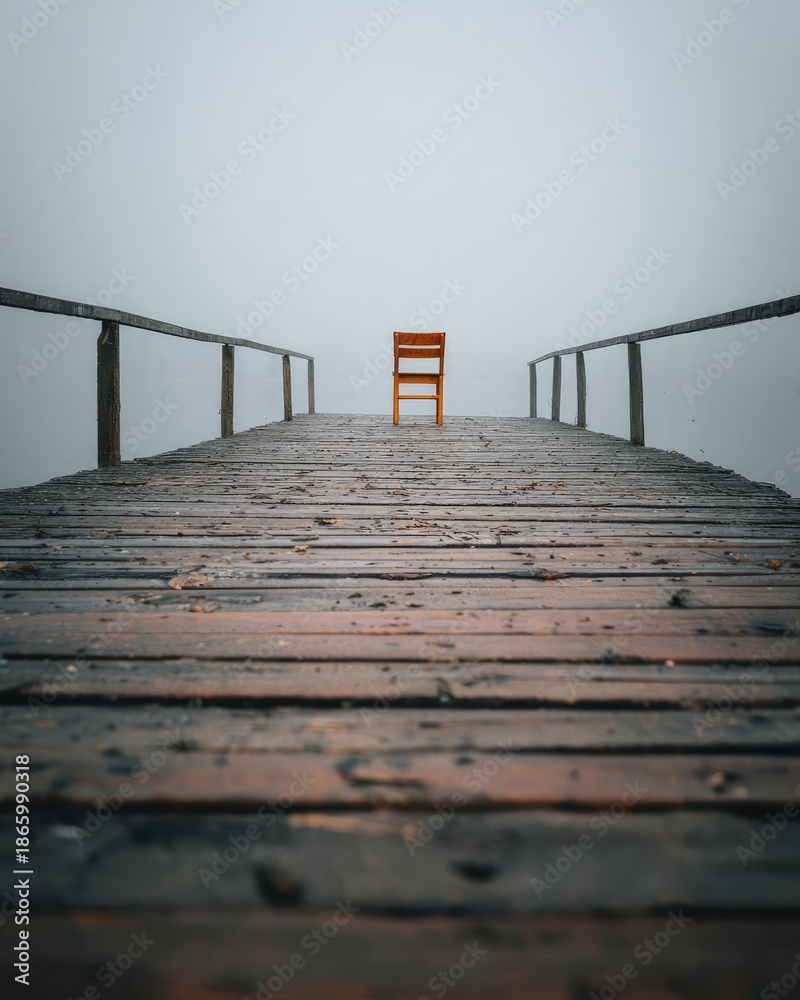 Fototapeta premium A solitary orange chair at the end of a weathered wooden pier, fading into a foggy gray horizon. Concept Solitary Chair, Weathered Pier, Foggy Horizon, Orange Accent, Moody Seascape