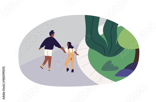 Happy family roller skates together holding hands in park. Mother teaches kid rollerblading. Black parent and child walk outdoors in summer. Flat isolated vector illustration on white background