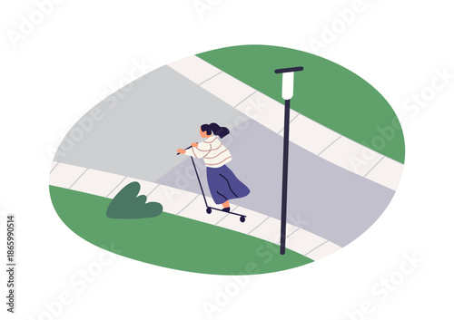 Girl rides electric kick scooter on path, sidewalk in park. Teen woman has fun in nature in summer. Kid rider walks outdoors on transport. Flat isolated vector illustration on white background