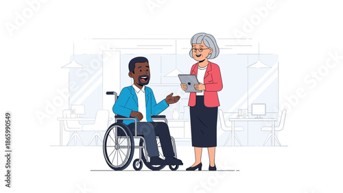 Diverse colleagues in an office setting, with a man in a wheelchair talking to an elderly woman holding a tablet, promoting workplace inclusivity and communication.