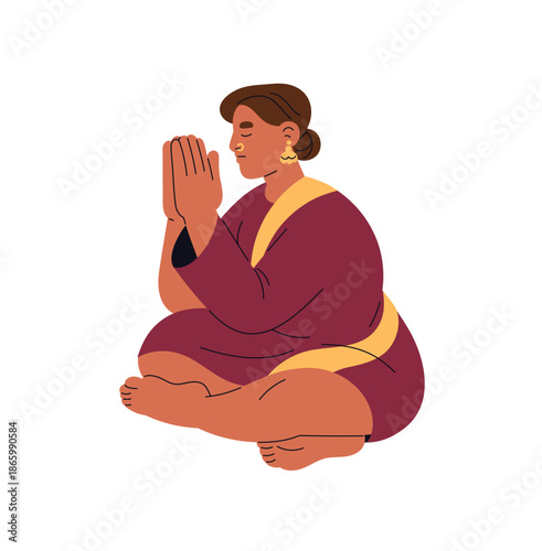 Indian woman with Hinduism religion, belief, faith prays. Hindus sits on the floor, meditates by prayer. Religious person begs Durga Puja. Flat isolated vector illustration on white background