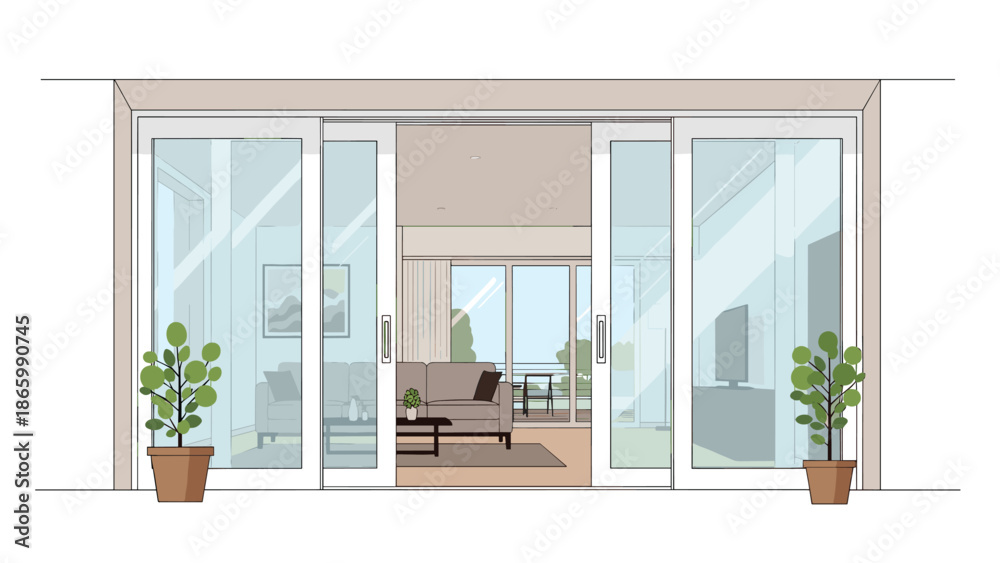 Fototapeta premium Modern living room with an open glass sliding door leading to an outdoor patio, enhancing natural light and connection to the outside environment.