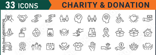 Charity and donation icons set for nonprofit organizations and fundraising campaigns