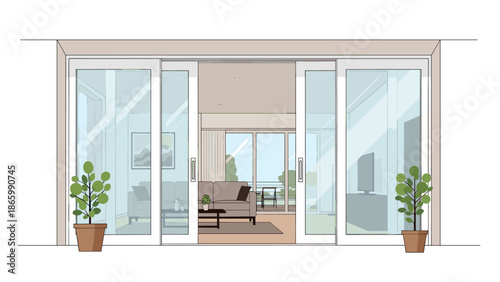 Modern living room with an open glass sliding door leading to an outdoor patio, enhancing natural light and connection to the outside environment.