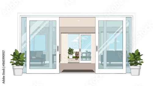 Contemporary home design featuring large glass sliding doors and windows that open to an outdoor patio, creating an airy and bright living space.