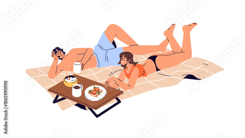 Happy romantic couple has a picnic on beach. Girlfriend and boyfriend relax on blanket and sunbathing in summer. Girl and boy are eating outdoors together. Flat isolated vector illustration on white