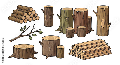 Assorted wood logs planks and branches in a decorative pixel art style