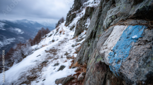 Snowy mountain trail along rocky slope with blue white route marking, winter landscape, navigation, hiking, wilderness exploration.
