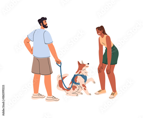 Owner walks dog in park. Man leads puppy on leash, meets person asking to pet animal. People with pup communicate, have fun with doggy outdoors. Flat isolated vector illustration on white background