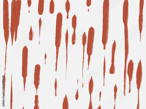 Abstract terracotta brush strokes background with vertical paint drips on white paper texture
