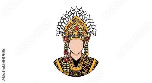 Ornate Traditional Cultural Headpiece and Attire Vector Illustration.