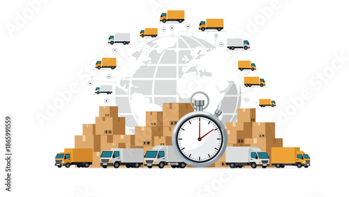 Concept of global delivery and logistics, featuring various trucks, shipping boxes, and a large stopwatch against a stylized Earth, symbolizing fast and efficient service.