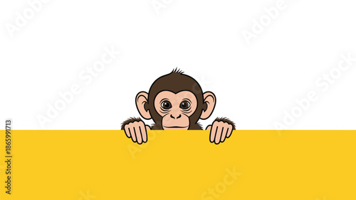 Adorable cartoon baby monkey peeking over a yellow horizontal border, with big expressive eyes, suitable for playful and cheerful designs.