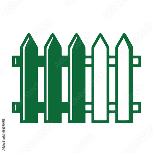 Green picket fence illustration with pointed pickets and horizontal rails  fence design element