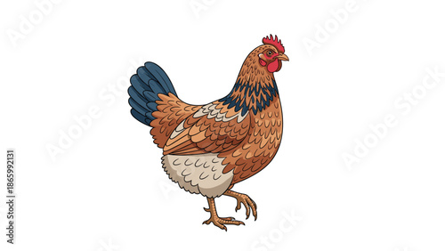Full-body illustration of a healthy brown chicken with a red comb and wattle, detailed plumage, walking against a clean white background, depicting farm life.