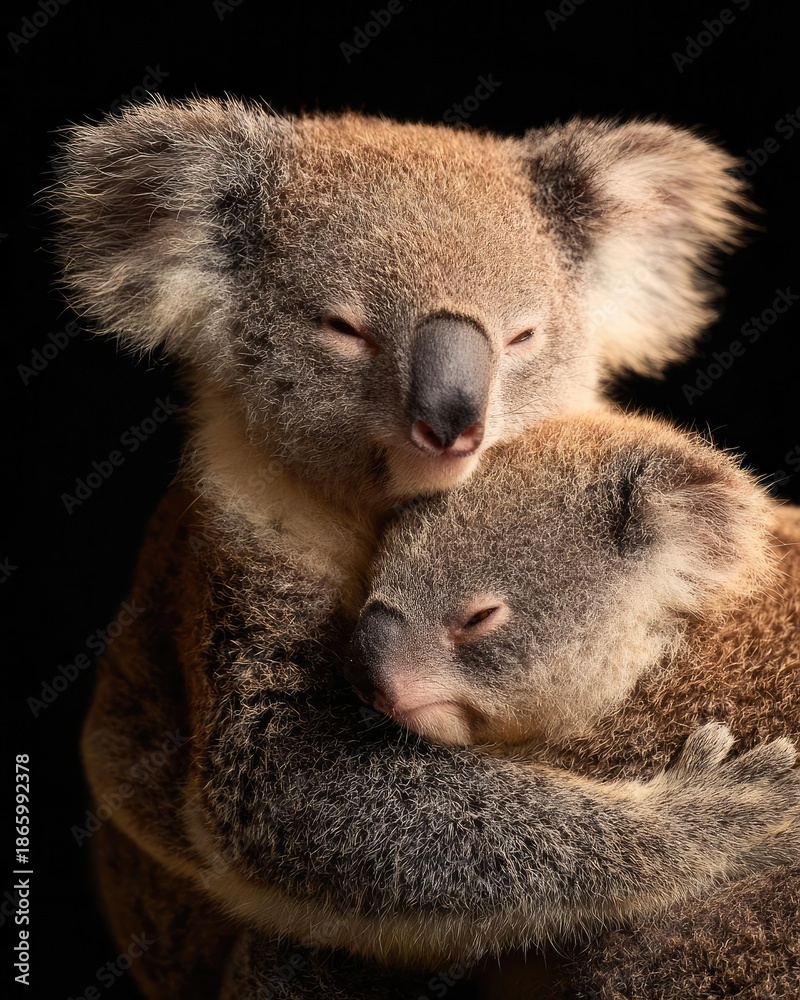 Fototapeta premium Two koalas cuddling, a mother koala hugging her joey. Concept Koalas, Mother and Joey, Cuddling, Australian Wildlife, Wildlife Photography