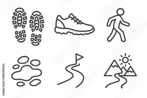 Trail hiking icons: footprints, shoe, walker, paw, map, mountain path