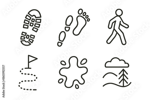 Hiking and nature icons: boot print, footprint, walking, trail, puddle, landscape