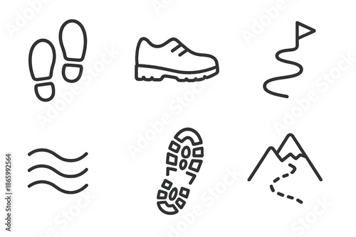 Hiking symbols set: footprints, shoe, trail, wind, sole, mountains