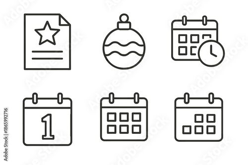 Minimalist icon set featuring calendar, christmas ornament, and star document designs