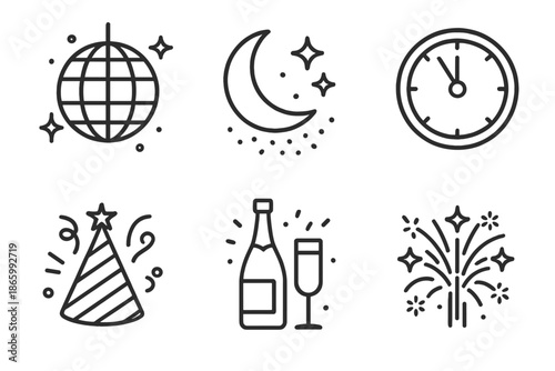 Celebration icons: disco ball, moon, clock, party hat, champagne, fireworks