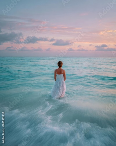 A woman in a white dress stands in the turquoise sea at sunset, facing the horizon. Concept Sunset sea portrait, Turquoise water, White dress elegance, Ocean horizon, Serene fashion photography