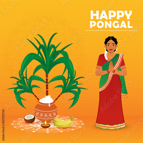 South Indian festival celebration background with traditional woman southern dressing character design vector illustration.