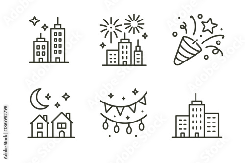 Minimalistic festive urban icons featuring fireworks, party popper, night scene, and decorations