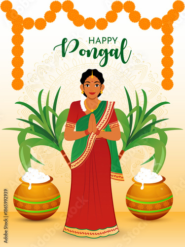 South Indian festival celebration background with traditional woman southern dressing character design vector illustration.