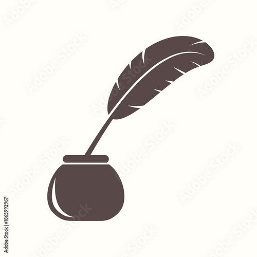 Silhouette illustration of a quill pen and inkwell on a white background. Ancient writing tool. vector illustration.