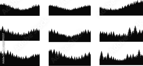 WebVector collection of forest silhouettes, set of nine pine tree horizons, evergreen woods landscape, cad drawing flat vector illustration