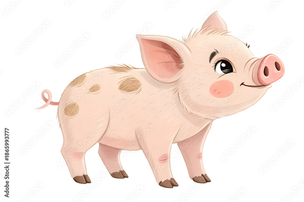 Fototapeta premium Cute baby pig (piglet) standing with a sweet expression. Adorable young farm animal isolated on transparent background, PNG. Perfect for children’s books, stickers, farm visuals, and cute animal colle