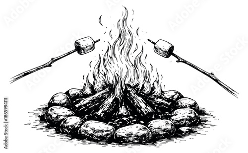 Hand drawn line art illustration of a campfire depicting marshmallows roasting for outdoor activities