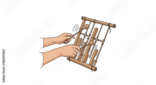 Hands playing traditional Indonesian bamboo Angklung musical instrument.