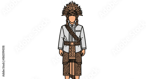 Indigenous person in traditional ceremonial attire with feathered headdress.