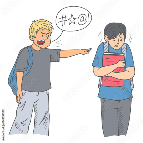 Boy teases his classmate vector isolated. Hand-drawn illustration of a kid bullied by a boy. Sad child walking in a school with book. Male student pointing at boy and bullying him.