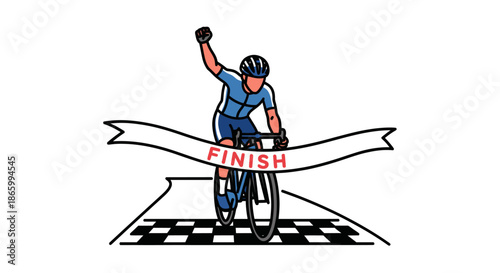 Vector illustration of triumphant cyclist crossing finish line celebrating victory in a race.