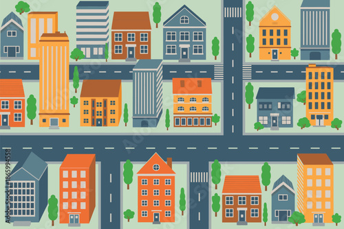 A vibrant cartoon illustration of a bustling city neighborhood with colorful buildings and roads