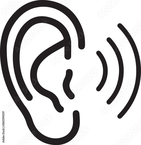 Simple black and white line icon of a human ear with sound waves indicating hearing or listening