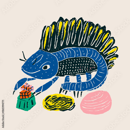 Colorful cartoon-style illustration of a quirky fish with game pieces