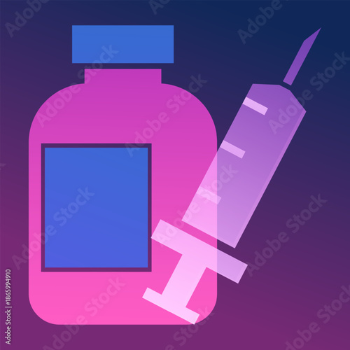 Syringe and vaccine in a bottle icon. Vector illustration of a medical tools. Concept of vaccination and medicine. Pharmacy bottle with liquid for injection. Syringe with needle. Icon in glassmorphism