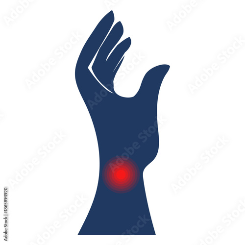Pain in the wrist vector isolated. Illustration of an arm silhouette with a red dot as a symbol of painful area. Bone injury, inflammation. Numbness in hand a symptom of rheumatism. Joint sprain.