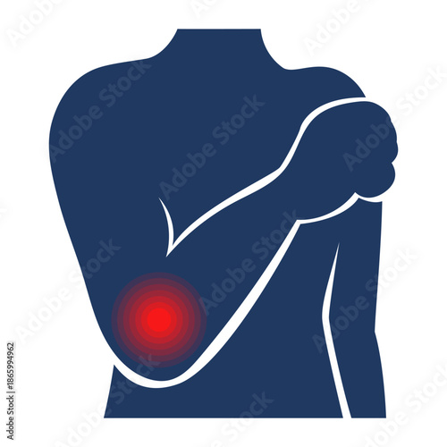 Pain in elbow vector isolated. Illustration of body silhouette with red dot as a symbol of painful area. Joint sprain, physical injury. Elbow trauma.