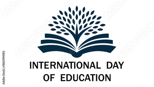  International Day of Education symbol with open book and growing tree icon, minimal modern illustration representing knowledge, learning and academic growth