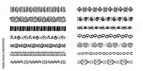 Set african tribal ethnic border, divider doodle hand drawn from geometrical shapes isolated. Boho motif scandinavian srtoke, traditional native decor.