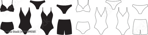 Set of Black and Outline Swimwear Vector Icons. Bikini, One-Piece, and Swim Shorts Collection. isolated PNG with Transparent Background