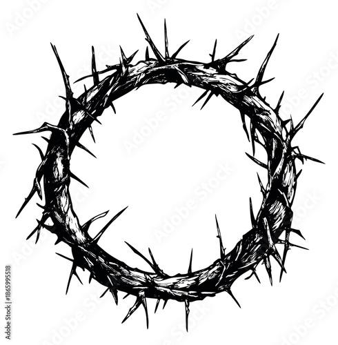 Hand drawn line art illustration of a crown of thorns depicting its symbolic suffering for religious design