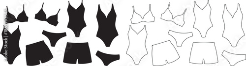 Collection of Women's Swimwear and Underwear Vector Templates in Black Silhouette and Outline isolated PNG with Transparent Background